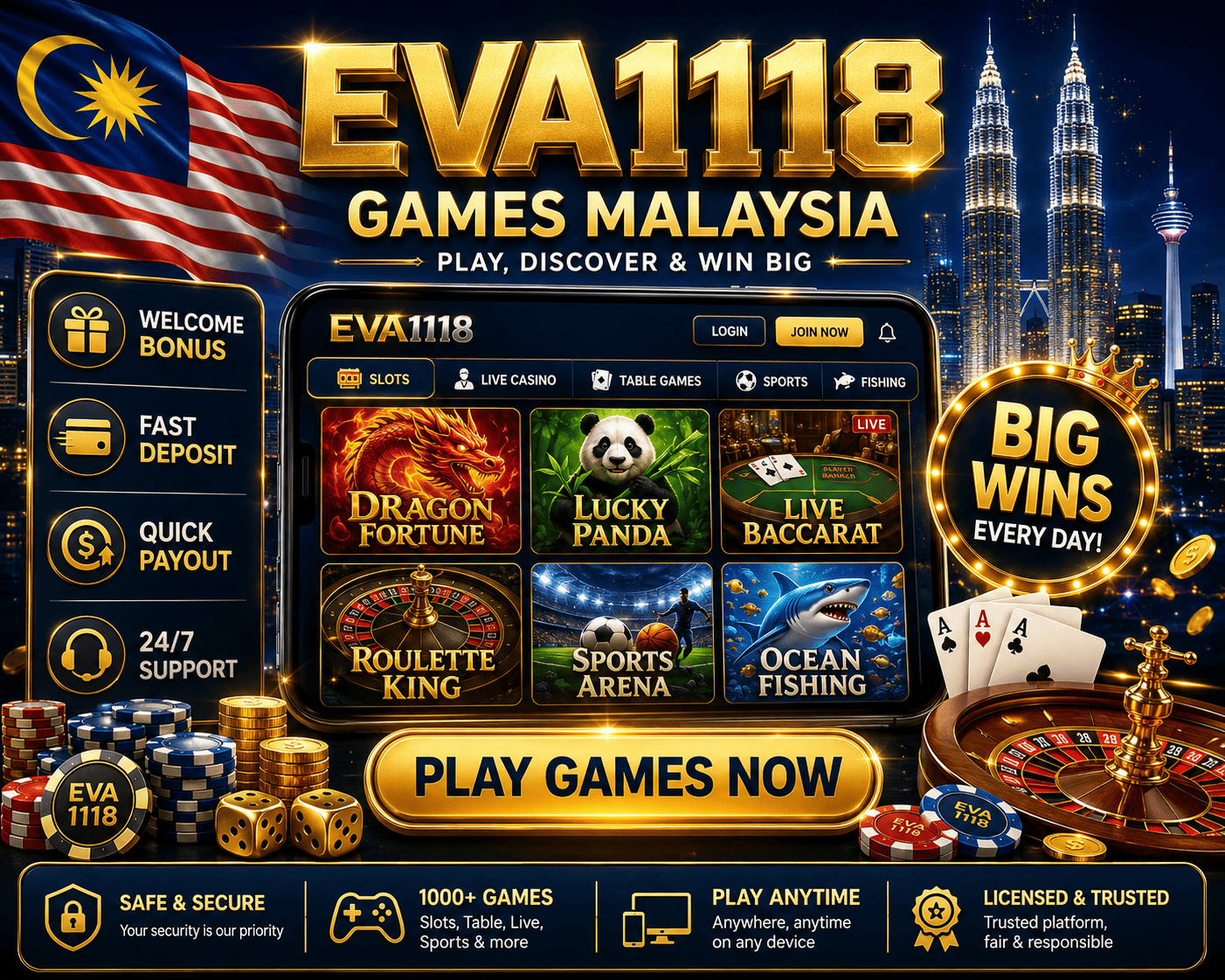 Gambaran permainan eva1118 dengan meja live, kad, cip, dan navigasi kategori